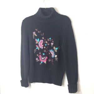 Limited Black Sweater large women wool vintage Hong Kong Floral Embroidery
